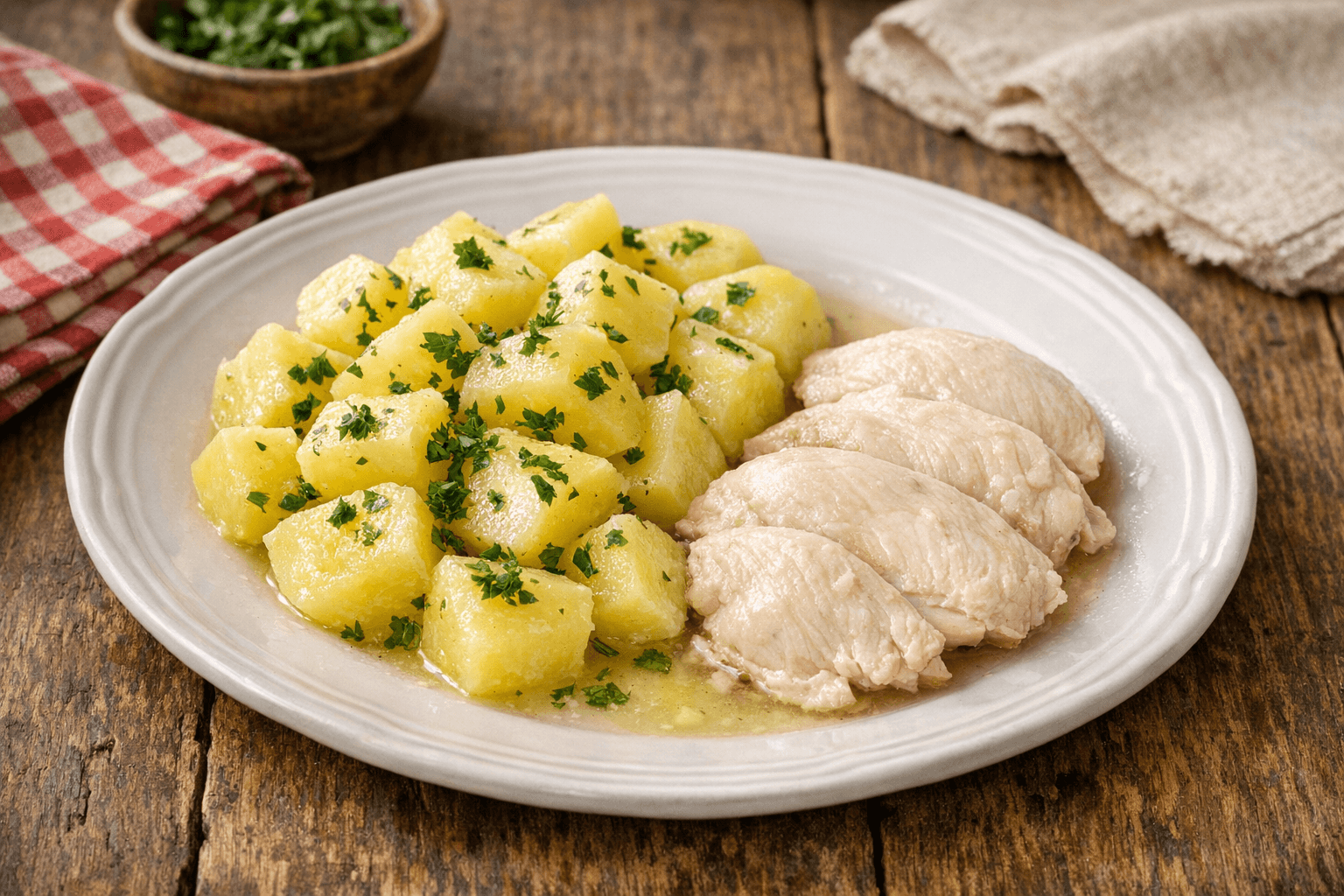Boiled Potatoes and Steamed Chicken Breast