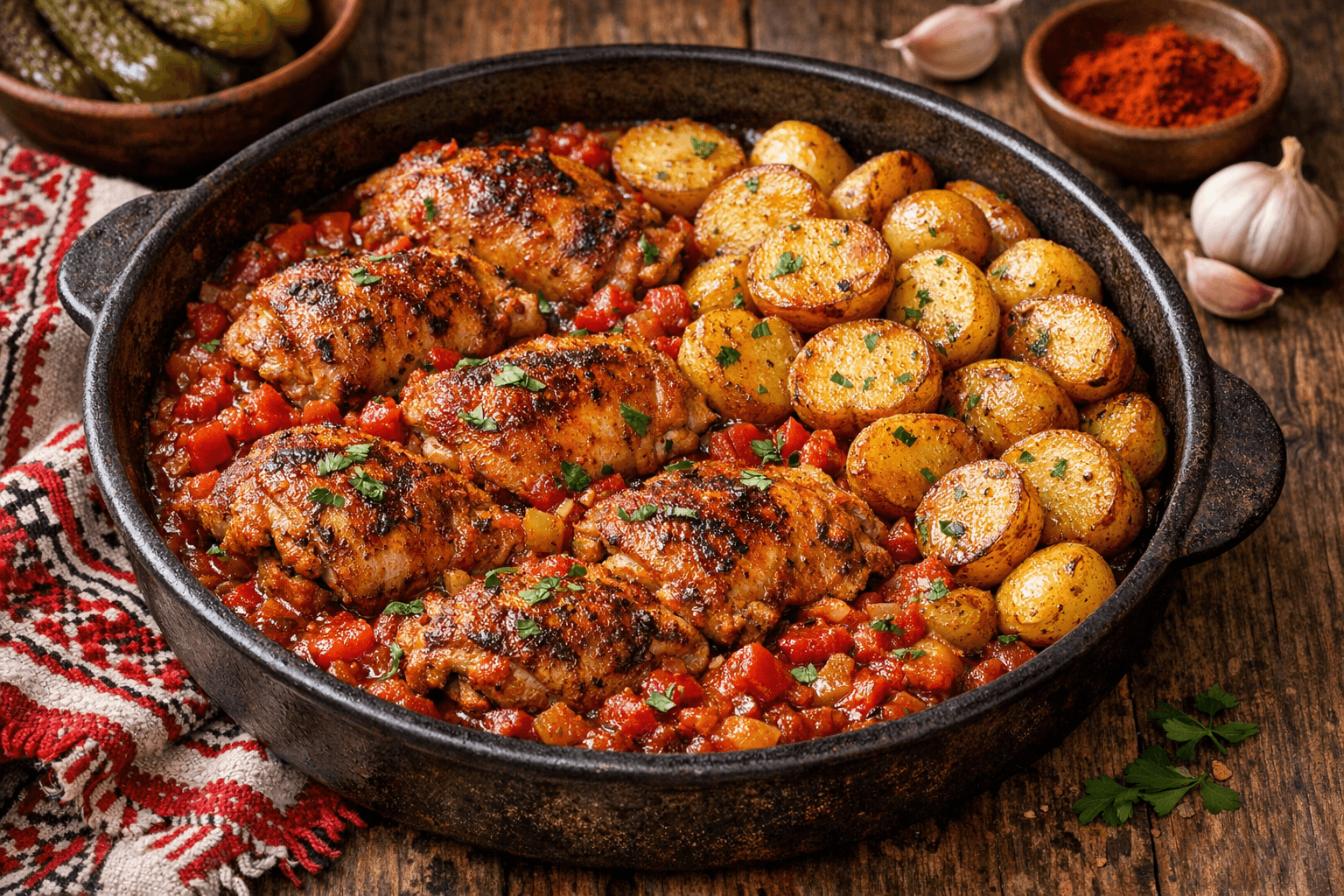 Fűszeres csirkecombok, aprókrumplival