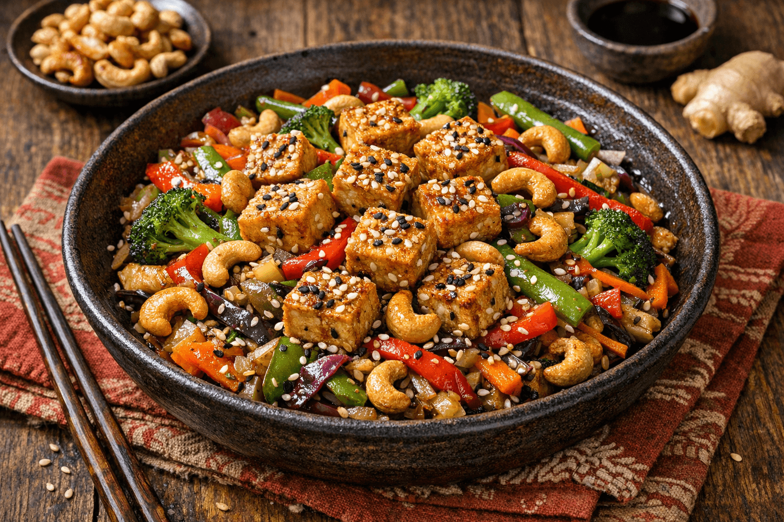 Sesame Tofu and Vegetables with Cashews