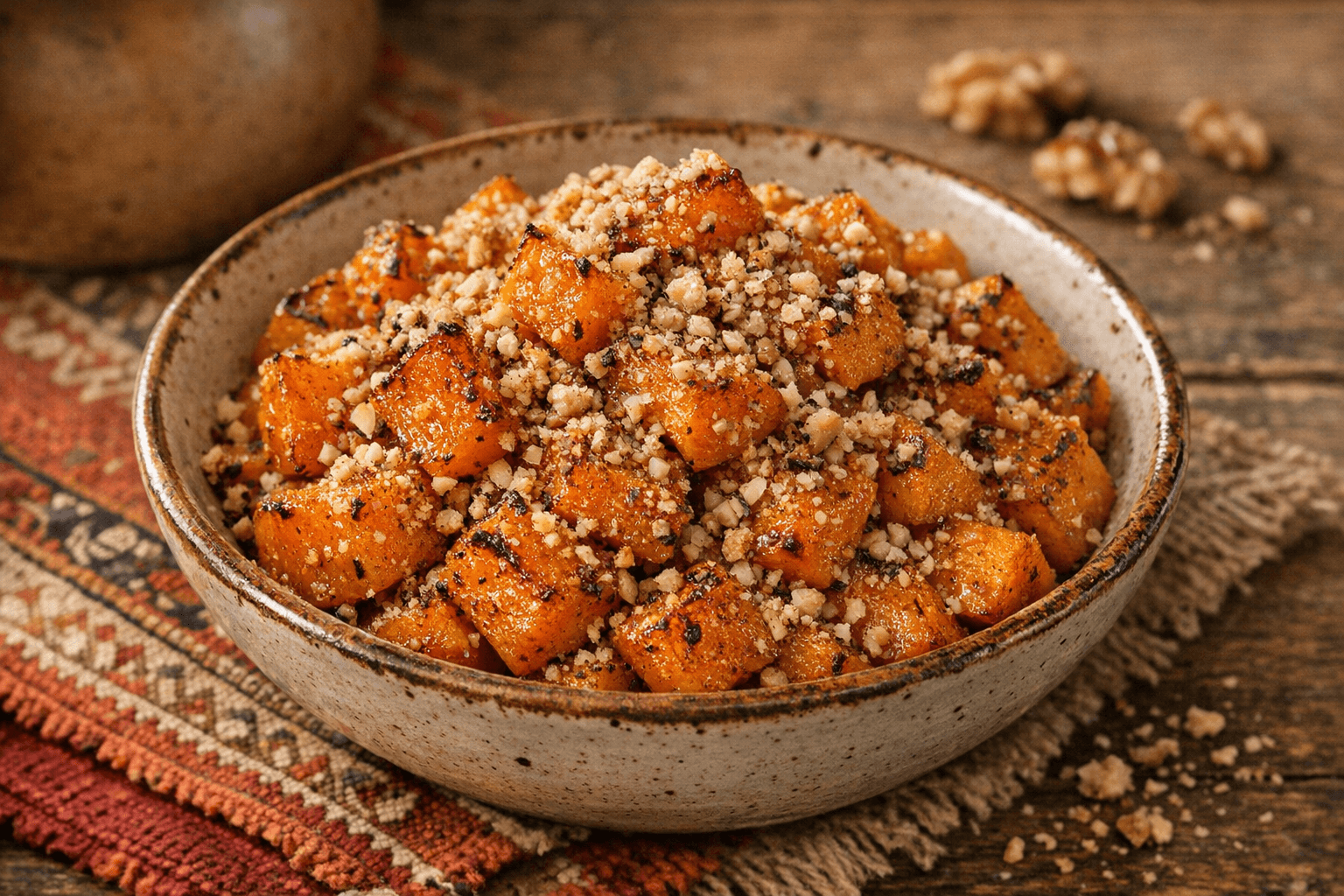 Geröstete Kürbiswürfel mit Nüssen