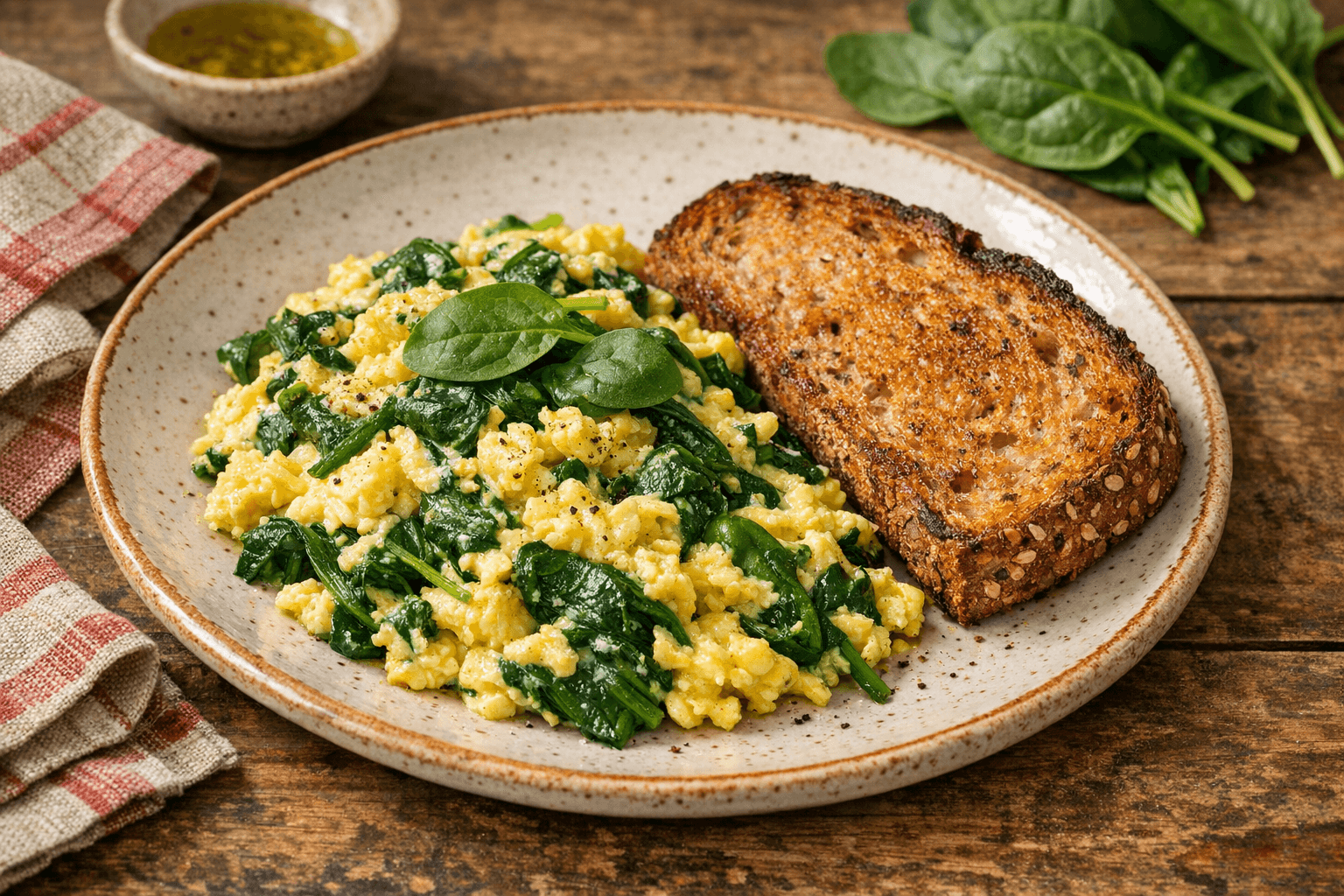 Scrambled Eggs with Spinach and Whole Wheat Toast