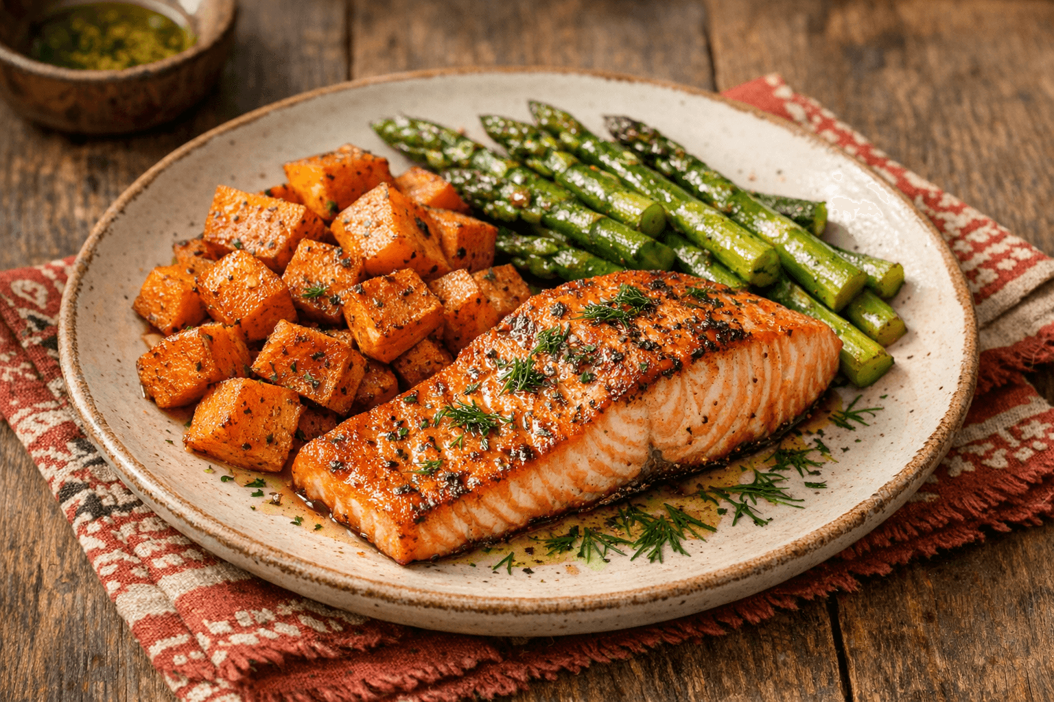 Lazac Steak Édesburgonyával és Spárgával