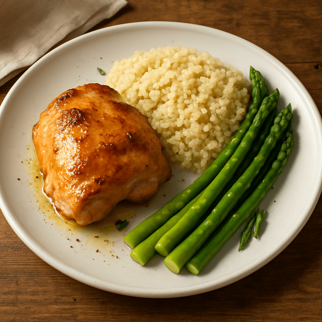 Baked Chicken Thigh Without Skin, with Quinoa and Steamed Asparagus