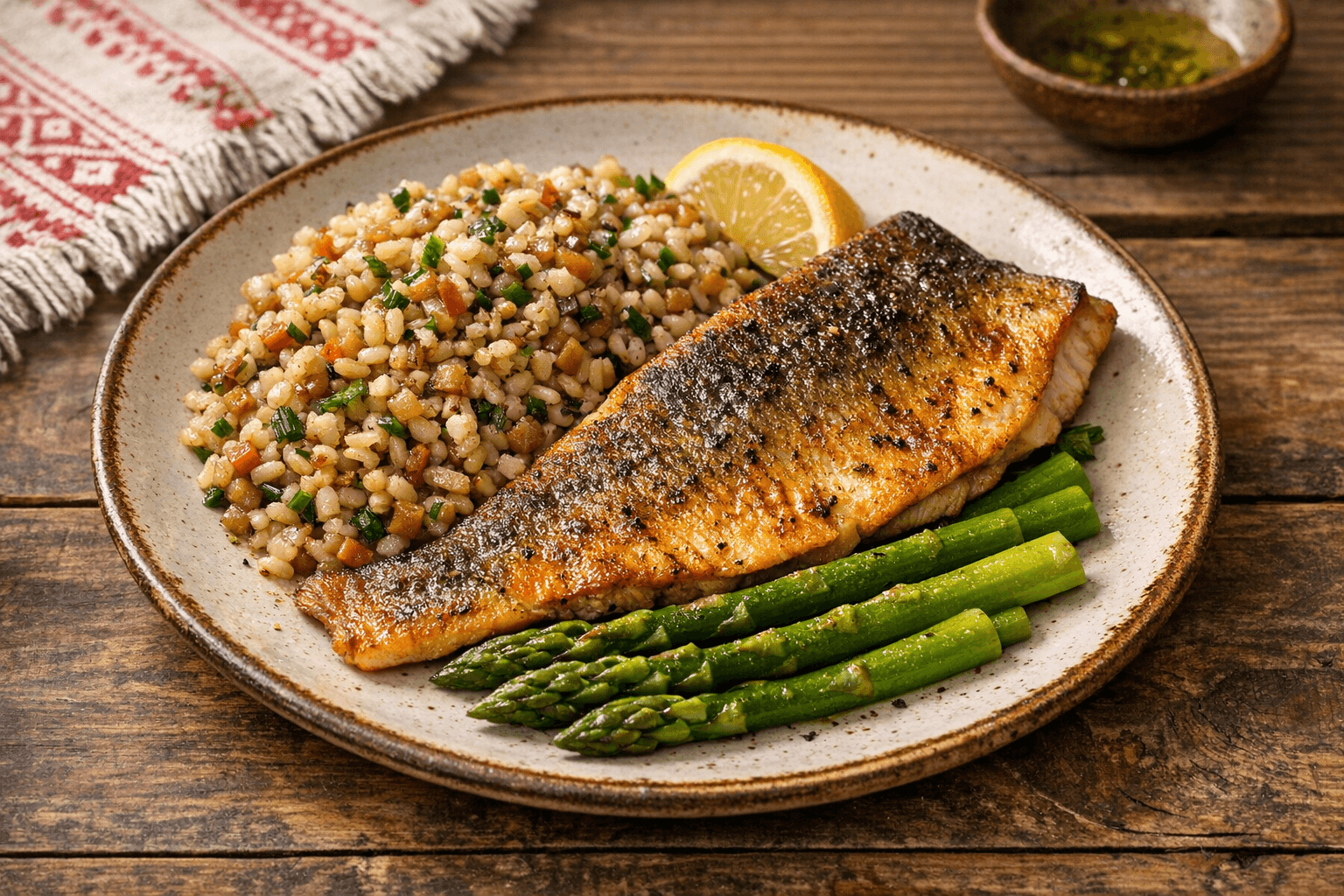 Trout with Roasted Garnish and Steamed Asparagus