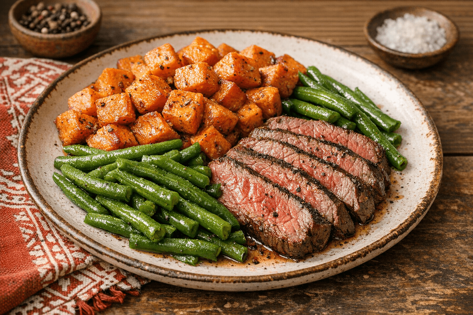 Sirloin Steak with Green Beans and Sweet Potato