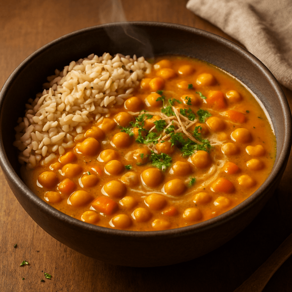 Csicseriborsó curry barna rizzsel